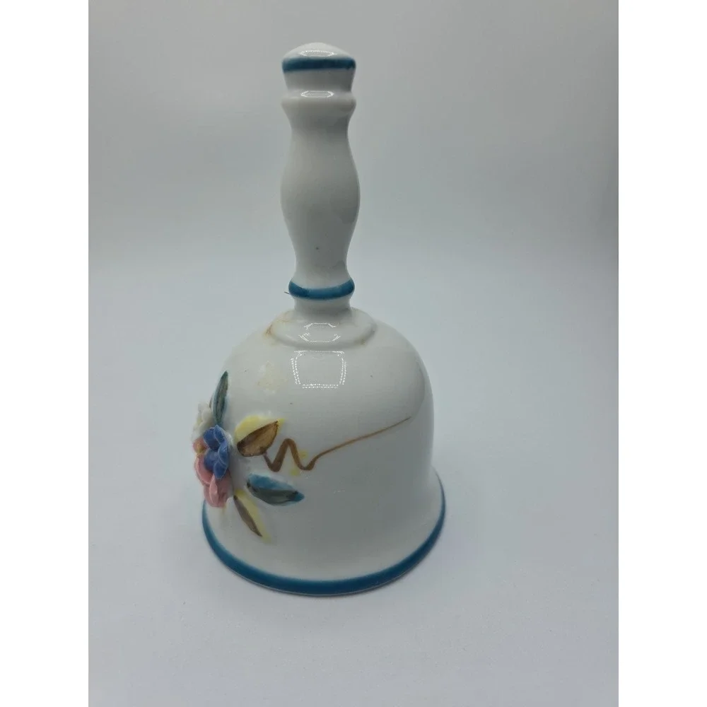 Vtg White Porcelain Bell With Raised Colorful Flowers Enesco 5.5